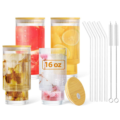 DoceMora Ribbed Glass cups with Bamboo Lids and Glass Straws Set of 4, Vintage Origami Style Clear Glassware, Reusable Drinking Glasses for Juice, Iced Coffee Beer and Cocktail (16oz)