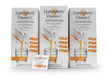 LivOn Laboratories Lypo-Spheric Vitamin C - 3 Cartons (90 Packets) - 1,000 mg Vitamin C & 1,000 mg Essential Phospholipids Per Packet - Liposome Encapsulated for Improved Absorption - 100% Non-GMO