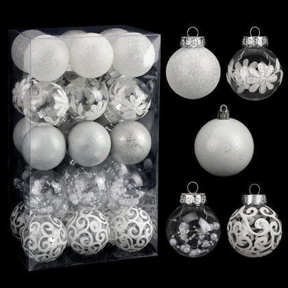 60mm/2.36inch Clear Christmas Ornaments, 30ct Shatterproof White Christmas Tree Ornaments Set Transparent Hanging Balls with Stuffed Decorations for Halloween Thanksgiving Xmas Wedding Party Home