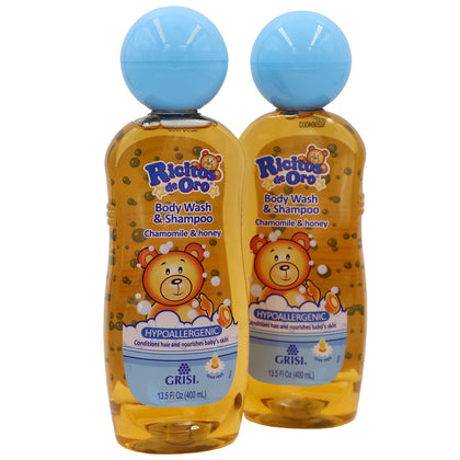 Ricitos de Oro 2-in-1 Baby Hair and Body Wash, Hypoallergenic Tear Free Body Wash and Shampoo with Chamomile and Honey, Cleansing Formula for Babies, 2-Pack of 13.5 FL Oz Each, 2 Bottles.