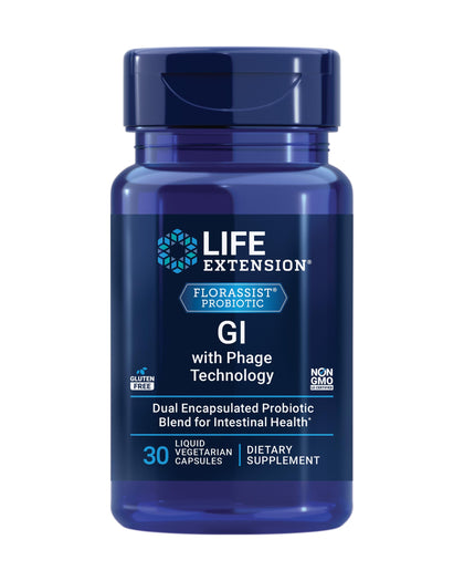 Life Extension FLORASSIST GI with Phage Technology, digestive health, probiotic support, nutrient absorption, 7 probiotic strains, bacteriophage blend, 30 liquid vegetarian capsules