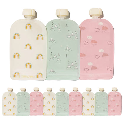 Hippypotamus Reusable Baby Food Pouches - 12 Pack - Baby Food Storage - Pouches Toddler - Refillable Squeeze Pouch for Kids (SAGE/Blush/Nude)
