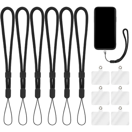 cobee Hand Wrist Strap Lanyard with Tether Patch, 6 Pcs Adjustable Nylon Wrist Straps with 6 Pcs Transparent Phone Pads Cell Phone Lanyard Strap Holder Hand Straps for Mobile Phone Camera(Black)