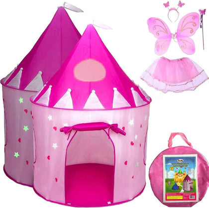 5-Piece Princess Castle Girls Pop Up Play Tent & Dress Up Costume Bundle - Playhouse Gift for Girls & Toddler for Indoor & Outdoor Use with Pink Fairy Tale Carrying Bag & Glow in The Dark Stars