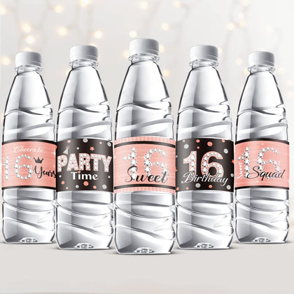39 Pieces Sweet 16 Water Bottle Labels 16th Birthday Water Bottle Wrappers Sweet Sixteen Water Bottle Labels Waterproof Water Bottle Stickers Wrappers for Sweet 16 Birthday Party Decoration (Pink)
