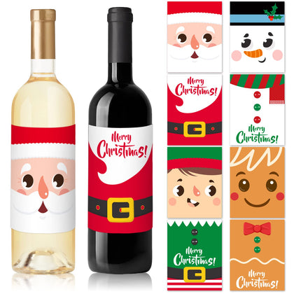 Whaline 32Pcs Christmas Wine Bottle Label Stickers Cartoon Santa Claus Snowman Gingerbread Man Waterproof Wine Bottle Cover Xmas Self- Adhesive Stickers for Christmas Party Decor Supplies, 8 Designs
