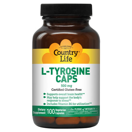 Country Life L-Tyrosine Caps, Supports Overall Brain Health, 500 mg, 100 Vegetarian Capsules, Certified Gluten Free Certified Vegetarian, Certified Halal