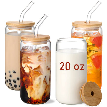 VITEVER 20 OZ Glass Cups with Bamboo Lids and Glass Straw - 4pcs Set Beer Can Shaped Drinking Glasses, Iced Coffee Glasses, Cute Tumbler Cup, Aesthetic Coffee Bar Accessories, Gifts