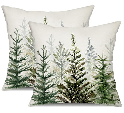 DFXSZ Christmas Pillow Covers 18x18 inch Set of 2 Watercolor Blue Green Christmas Tree Rustic Style Nature Forest Print Decorative Throw Pillows Winter Christmas Decor 32B