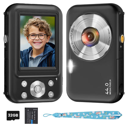 Digital Camera, Kids Camera with 32GB Card, FHD 1080P 44MP Vlogging Camera, 16X Zoom Point and Shoot Digital Camera Compact Portable Rechargeable Cameras for Teens Boys Girls Students Seniors
