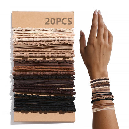 20 PCS Boho Hair Ties, 5 Neutral Colors Bracelets Hair Ties for Thick or Thin Hair, 4 Styles Hair Bands Bracelets for Girls, 2.36 Cute Hair Ties for Ponytail Holders, No Damage Brown Hair Ties
