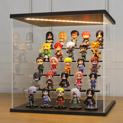 LANSCOERY Clear Acrylic Display Case with Light, Assemble 5 Tier Display Box Stand with Black Base, Dustproof Protection Showcase for Collectibles Memorabilia Figurines (11.8x11x11.8inch; 30x28x30cm)