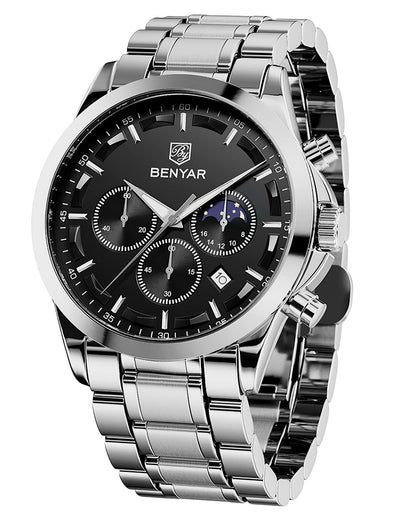BENYAR Mens Watch Analog Quartz Movement Chronograph Stylish Casual Wristwatch with Stainless Steel Bracelets Waterproof Luminous Date Watches Elegant Gift for Men