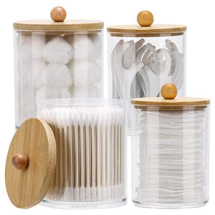 Tbestmax 4 Pack Qtip Holder Dispenser Cotton Ball, Cotton Swab, Floss - 12oz, 10 oz Clear Plastic Apothecary Jars for Bathroom Organizer and Storage Containers (Bamboo Lids)