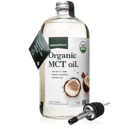 Natural Force Organic MCT Oil - Pure Glass Bottle - Made from 100% Cold Pressed Virgin Coconut Oil + Certified Keto, Paleo, Kosher, Vegan & Non-GMO - Lab Tested for Quality and Purity - 32 Ounce
