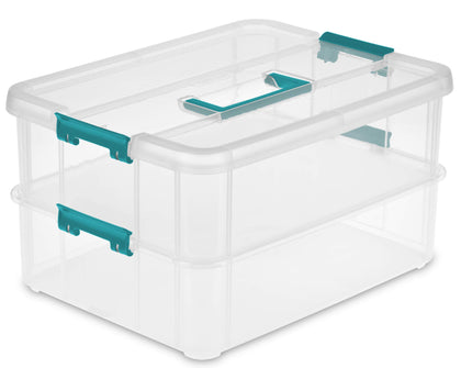 Sterilite 1427CLR Stack & Carry - 2 Layer Box, Clear Lid & Blue Handle, See-through layers