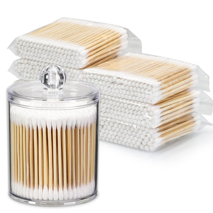 700 Count Cotton Swabs with 1 Dispenser Holder - Bamboo Sticks Cotton Swabs for Ears - Double Round Thick Bamboo Cotton Buds Suitable for Makeup and Cleaning - Clear Plastic Apothecary Jar Containers