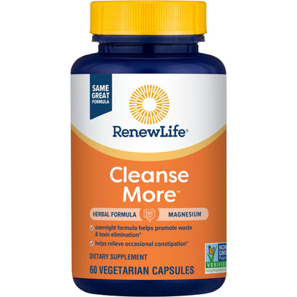 Renew Life Cleanse More Herbal Formula with Magnesium for Overnight Occasional Constipation Relief; Helps Promote Waste and Toxin Elimination; Gluten, Dairy and Soy Free; 60 Vegetarian Capsules*