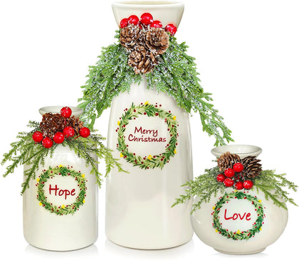 Christmas Vase- 3 Set for Indoor Home Decor,Christmas Decorations -Vases Flocked White Vases,Christmas Decorations for Modern Farmhouse Dining Table Coffee Table Deco (White vase)