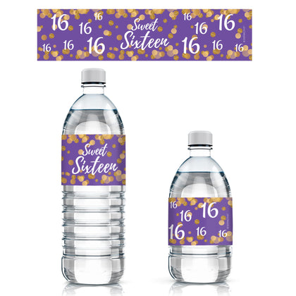 Sweet 16 16th Birthday Party Water Bottle Labels, 24 Count