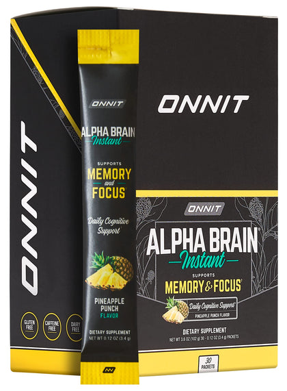 ONNIT Alpha Brain Instant - Pineapple Punch Flavor - Nootropic Brain Booster Memory Supplement - Brain Support for Focus, Energy & Clarity - Alpha GPC Choline, Cats Claw, L-Theanine, Bacopa - 30ct