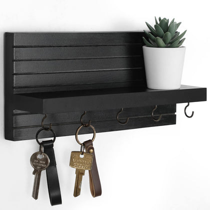 Decorative Key Holder for Wall with Shelf, Entryway Shelf with Hooks Holds Leashes, Jackets and Glasses - Sturdy Wood Keyholder Entrance Hanger with Mounting Hardware (11.8 x 5.5 x 3.1) (Black)