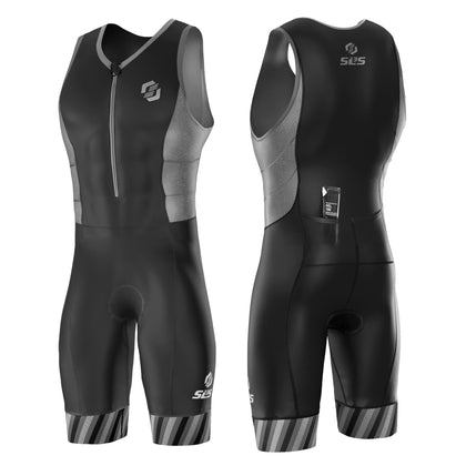 SLS3 Triathlon Suits Mens - Durable FRT Tri Suit Men Triathlon - Sleeveless Trisuit Triathlon Men - Lightweight Mens Triathlon Suit, 2 Pockets (Black/Gray Stripes, Medium)