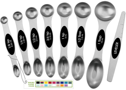 Spring Chef Magnetic Measuring Spoons Set with Strong N45 Magnets, Heavy Duty Stainless Steel Metal, Fits in Most Kitchen Spice Jars for Baking & Cooking, BPA Free, Black, Set of 8 with Leveler