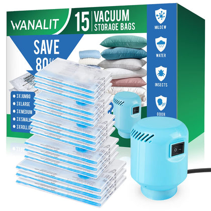 Vacuum Storage Bags with Electric Air Pump, 15 Pack (3 Jumbo, 3 Large, 3 Medium, 3 Small, 3 Roll Up Vacuum Sealer Bags) Space Saver Bag for Clothes, Blanket, Duvets, Pillows, Comforters, Travel
