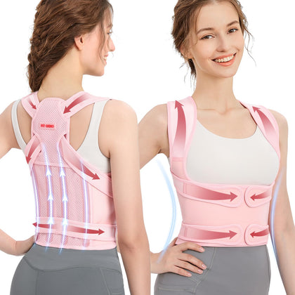 Fit Geno Back Brace Posture Corrector for Women: Shoulder Straightener Adjustable Full Back Support Upper and Lower Back Pain Relief - Scoliosis Hunchback Hump Thoracic Spine Corrector Pink Small