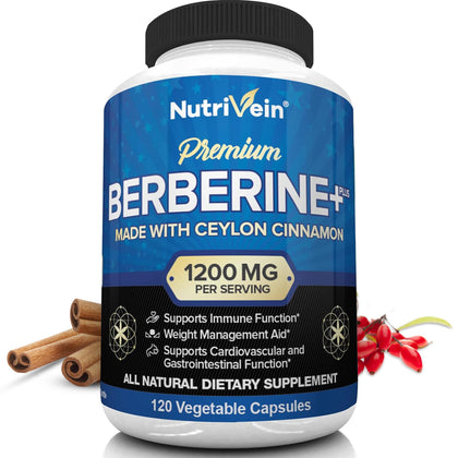 Nutrivein Premium Berberine HCL 1200mg Plus Organic Ceylon Cinnamon - 120 Capsules - Supports Immune System, Weight Management - Berberine HCI Supplement