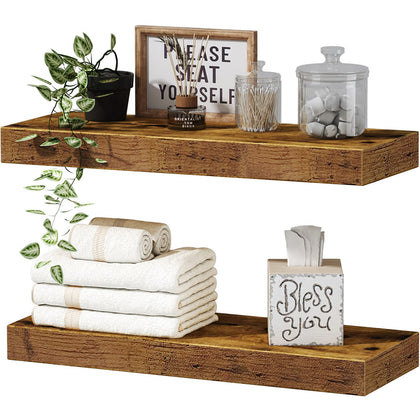 QEEIG Bathroom Shelves Wall Shelf Over Toilet Small Floating Shelves Wall Mounted 16 inch Set of 2, Rustic Brown (008-40BN)