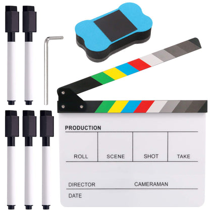 Glarks 8Pcs 10x12inch Colorful Acrylic Film Directors Clapboard Set, Plastic Film Clapboard Cut Action Scene Clapper Board with 5 Marker Pens, Hex Wrench and Blackboard Eraser