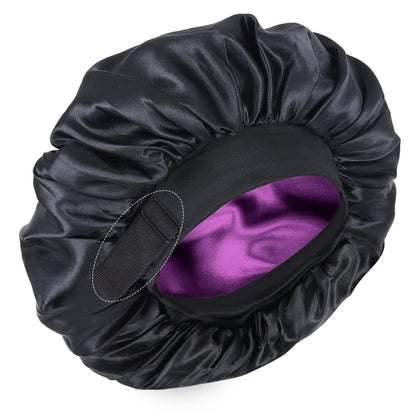 Silk Bonnet for Sleeping Double Layer Satin Bonnet Adjustable Bonnets for Black Women Sleep Cap Reversible Hair Bonnet for Curly Hair (Black and Purple)