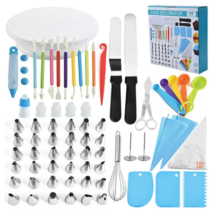 Cake Decorating Kit, 66Pcs Baking Supplies Tools with Cake Turntable Cake Leveler, Icing Piping Tips, Spatula, Scraper Kit, Silicone Piping Bag, Disposable Pastry Bags, Measuring Spoons & Egg Beater