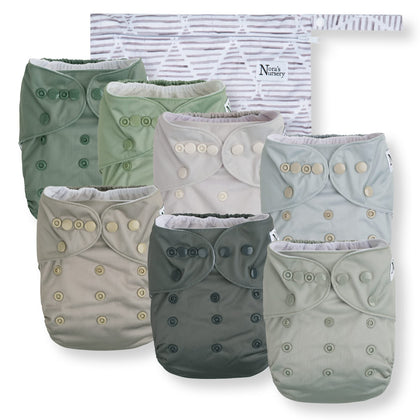 Nora's Nursery Cloth Diapers 7 Pack with 7 Bamboo Inserts & 1 Wet Bag - Waterproof Cover, Washable, Reusable & One Size Adjustable Pocket Diapers for Newborns and Toddlers - Morning Dew