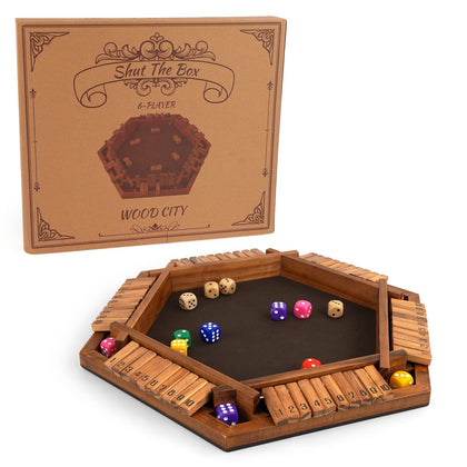 WOOD CITY Shut The Box Game Wooden for 2-6 Players, Close The Box Math Game for Kids Adults with 16 Dice, 6 Way Tabletop Quick Board Game for Family Friends 3+ Years Old in Classroom, Party or Pub