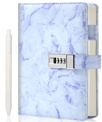 CAGIE Marble Diary with Lock for Girls and Women, A5 Secret Journal with Lock 192 Pages Waterproof Girls Locked Diary with Pen, Password Locked Journals for Teen Girls, Purple