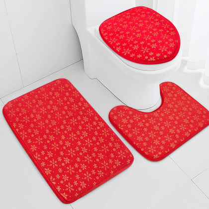 Claswcalor Christmas Bathroom Rugs Sets 3 Piece with Non-Slip Rug, Toilet Lid Cover and Bath Mat, Red Gold Snowflake Bathroom Rugs and Mats Sets, Non Slip Bath Rugs for Bathroom