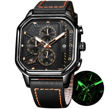 OLEVS Square Watches for Men Black Leather Chronograph Fashion Business Watch Luminous Waterproof Casual Wrist Watches