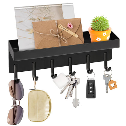 VIS'V Key Holder Wall Mount, Matte Black Stainless Steel Key Mail Holder Small Key Rack with Tray Adhesive Key Hanger Storge Mail Organizer with 6 Key Hooks for Entryway Hallway Doorway