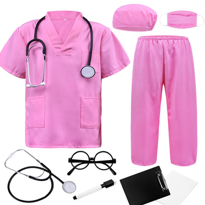 ZZIHAN Doctor Costume for Kids Pink Scrubs Sets Nurse Scrubs Costume Veterinarian Costume Doctor Accessories Toys Stethoscope Nursing Clipboards Toddlers Girls 3-4T Brithday Party Halloween Dress Up