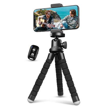 Aureday Phone Tripod, Flexible Tripod for iPhone and Android Cell Phone, Portable Small Tripod with Wireless Remote and Clip for Video Recording/Vlogging/Selfie Black