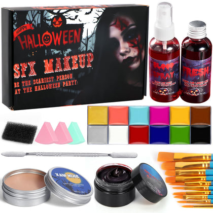 Simnoble Halloween Makeup Kit, Professional Special Effects SFX Makeup Kit - 12 Colors Face Body Paint Palette + Scar Wax with Spatula Tool + 3 SFX Fake Blood + 10 Face Paint Brushes + Stipple Sponges