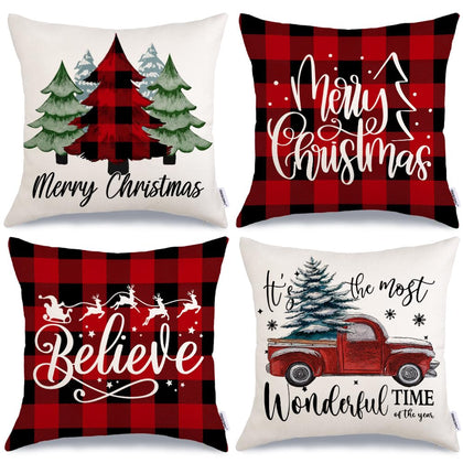 GEEORY Merry Christmas Pillow Covers 18 x 18 Inch Set of 4, Xmas Trees Buffalo Plaid Believe Truck Throw Pillowcases Farmhouse Decorative Cushion Cases for Home Sofa Decoration G421-18