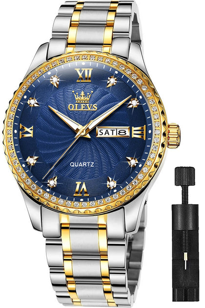 OLEVS Mens Watches Diamond Luxury Business Dress Blue Wrist Watch Quartz Stainless Steel Day Date Waterproof Luminous