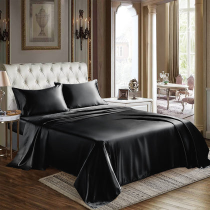 CozyLux Satin Sheets Queen Size - 4 Piece Black Bed Sheet Set with Silky Microfiber, 1 Deep Pocket Fitted Sheet, 1 Flat Sheet, and 2 Pillowcases - Smooth and Soft