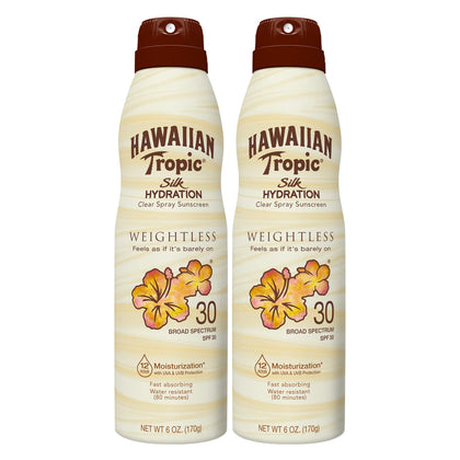 Hawaiian Tropic Weightless Hydration Clear Spray Sunscreen SPF 30, 6oz | Hawaiian Tropic Sunscreen SPF 30, Sunblock, Oxybenzone Free Sunscreen, Spray On Sunscreen Pack SPF 30, 6oz each Twin Pack