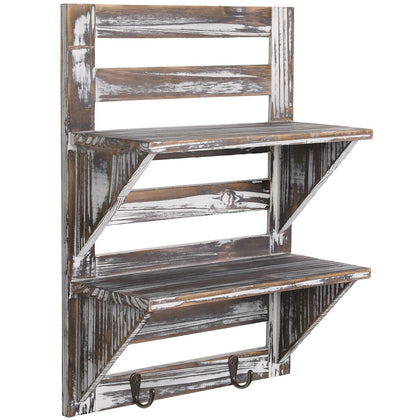 MyGift 2-Tier Wall-Mounted Shelf Rack with Key Hooks, Torched Wood Entryway Storage Display Shelves, Bathroom Shelving and Towel Hooks, 7 x 13-Inches