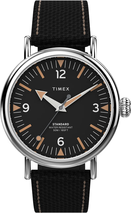 Timex Men's Standard 40mm Watch - Silver-Tone Case Black Dial with Black Leather & Fabric Strap